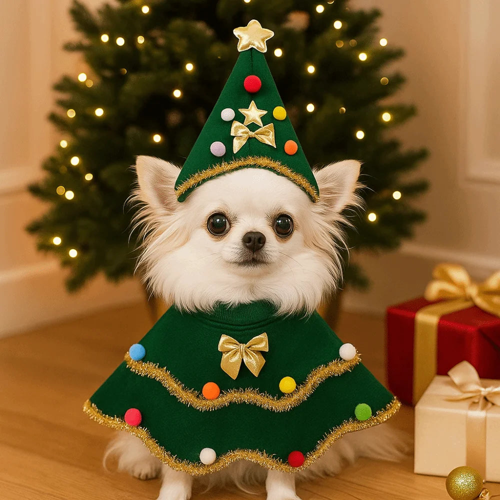 Cartoon Christmas Dog Cape Adjustable Christmas Tree Design Dog Cosplay Dress Unique Polyester Pet Cloak Photo Shoots
