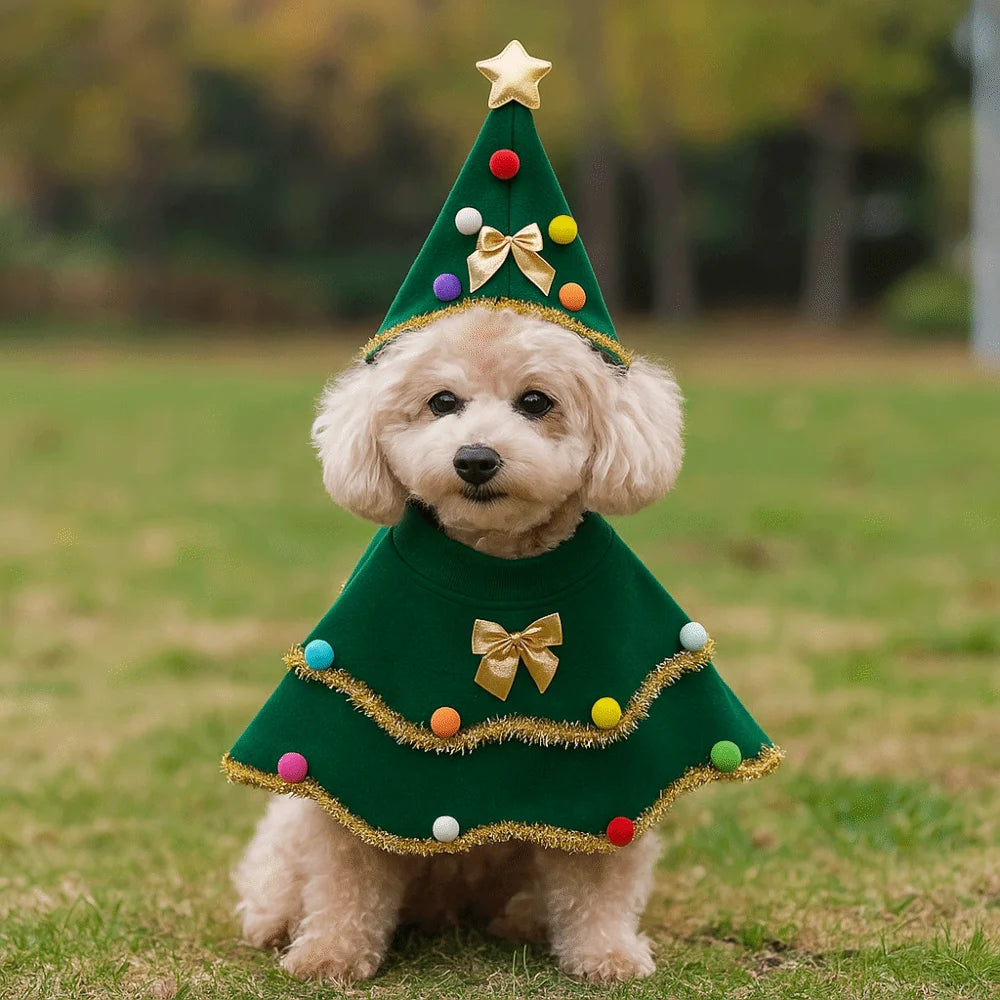 Cartoon Christmas Dog Cape Adjustable Christmas Tree Design Dog Cosplay Dress Unique Polyester Pet Cloak Photo Shoots