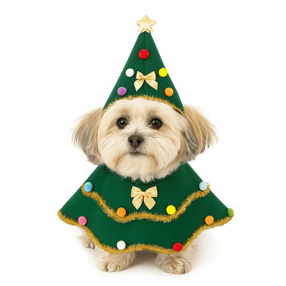 Cartoon Christmas Dog Cape Adjustable Christmas Tree Design Dog Cosplay Dress Unique Polyester Pet Cloak Photo Shoots