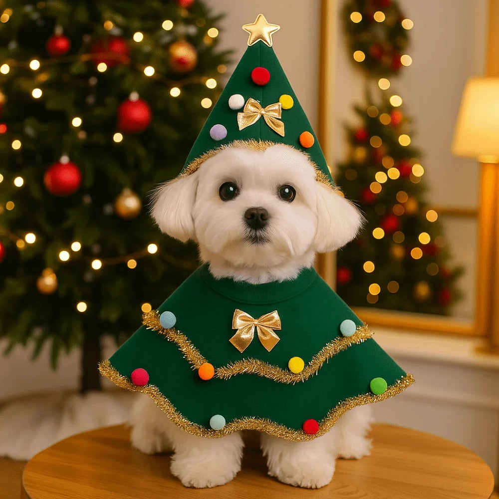 Cartoon Christmas Dog Cape Adjustable Christmas Tree Design Dog Cosplay Dress Unique Polyester Pet Cloak Photo Shoots