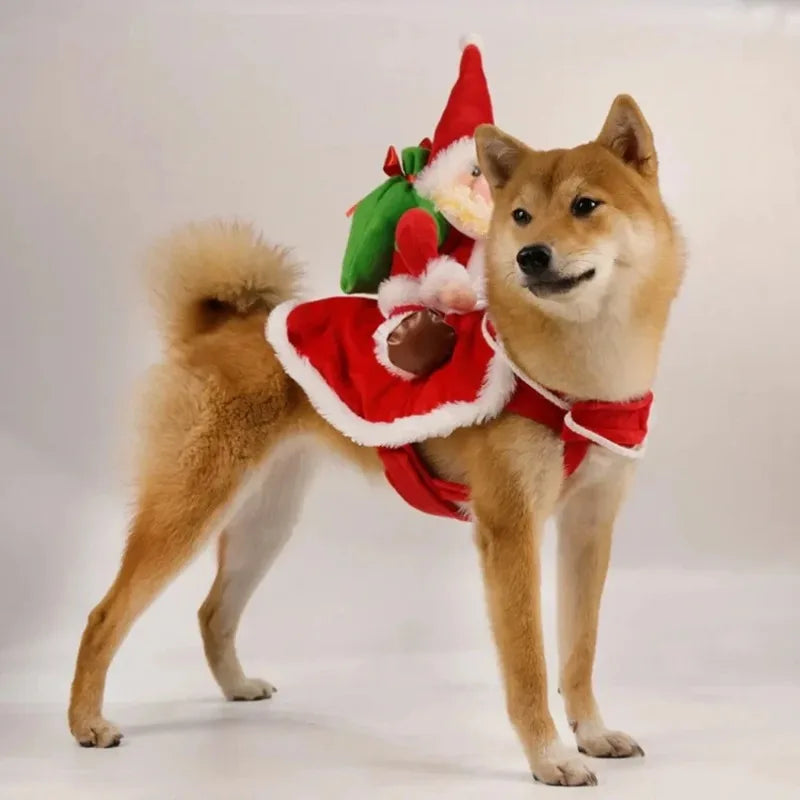 Christmas Dog Costume Funny Christmas Santa Claus Riding on Dog Pet Cat Holiday Outfit Clothes Dressing up for Halloween Xmas #FF0000