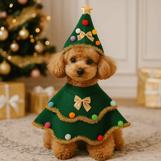 Cartoon Christmas Dog Cape Adjustable Christmas Tree Design Dog Cosplay Dress Unique Polyester Pet Cloak Photo Shoots